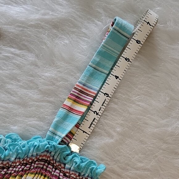 ROXY Retro Boho Aqua Striped Smocked Flowy Sleeveless Baby Doll Summer Top Sz L - Picture 9 of 9